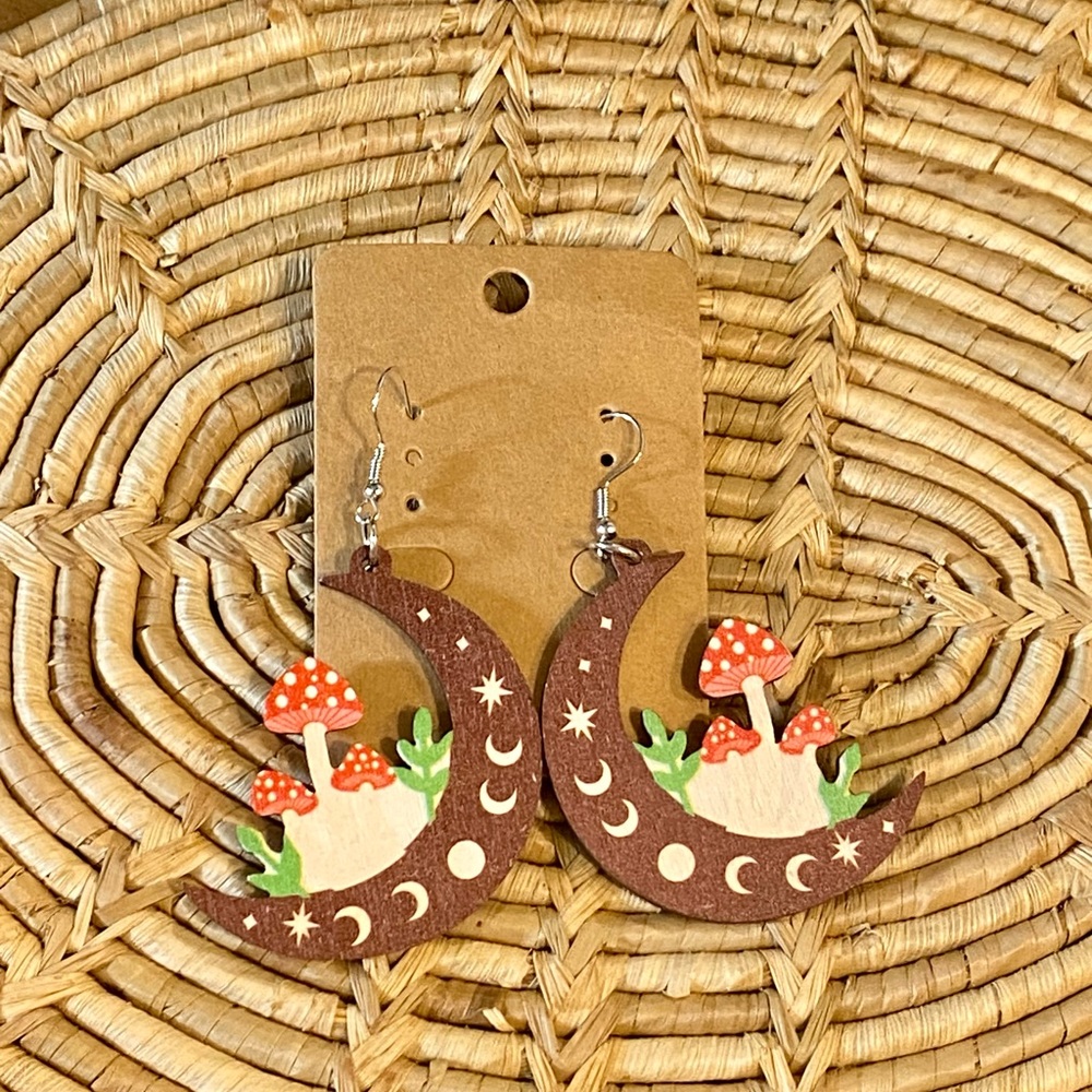 Funky Wood Mushroom and Moon Earrings - Picture 3 of 4
